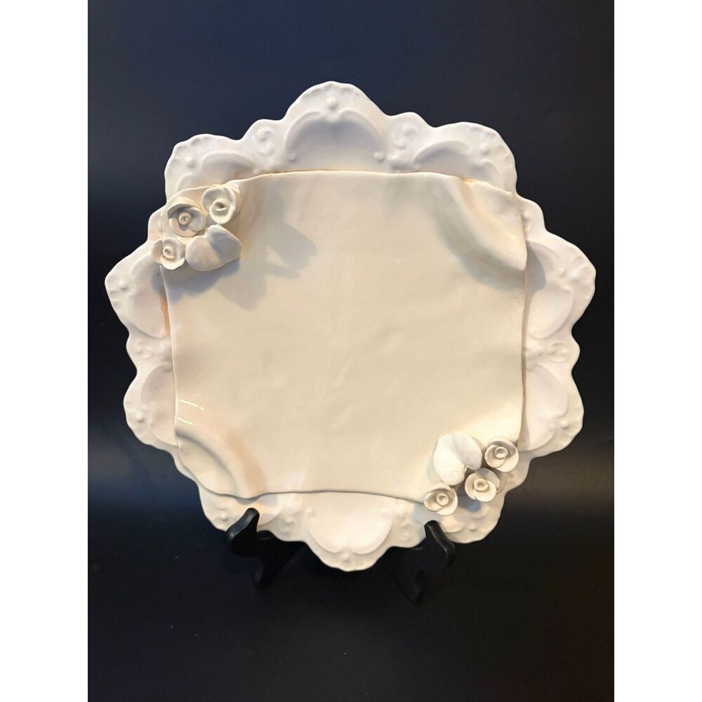 Vintage PAPER WINDOWS USA Pottery White Applied Roses Serving Dish